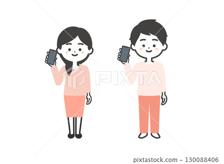Three-headed illustration of a man and woman holding a smartphone Three-headed illustration of a man and woman holding a smartphone 130088406