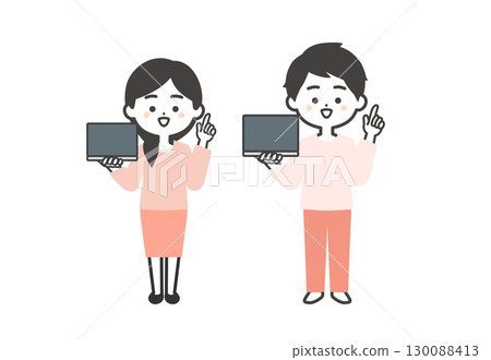 一幅三頭插圖，一男一女拿著筆記型電腦，指著上方 130088413