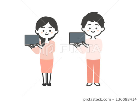 三個頭的男人和女人指著筆記型電腦的插圖 130088414