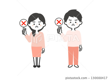 男人和女人拿著錯誤答案卡的三頭插圖 130088417