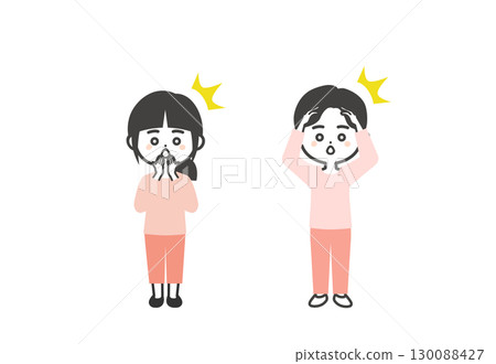 Illustration of three-headed children surprised with their hands over their mouths 130088427