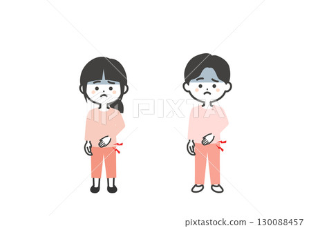 Illustration of three-headed children holding their stomachs Illustration of three-headed children holding their stomachs 130088457
