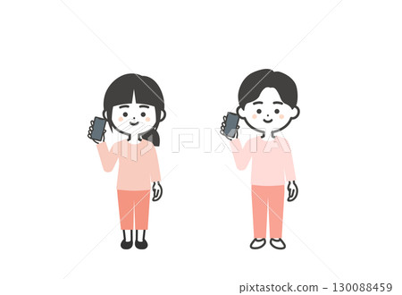 Illustration of three-headed children holding smartphones 130088459