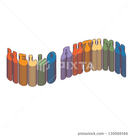 Groovy Hello Autumn vector text isolated on transparent background. POP art Hello autumn rainbow label, icon, print, banner design template with cartoon text, summer vibe 130088566