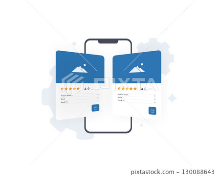 Comparison shopping mobile app - product cards with star rating, review data. Marketplace analytics and UI elements - how product scores influence buyer choice for ecommerce, vector illustration 130088643