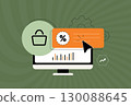 E-commerce promotion analysis with shopping cart icon, discount coupon and computer screen showing sales growth analytics. Digital marketing strategy and online retail advertising vector illustration 130088645