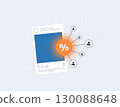 Share to save campaign - social media discount post with percentage icon and connected users, representing follower engagement, e-commerce promotion and social marketing strategy, vector illustration 130088648