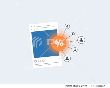 Share to save campaign - social media discount post with percentage icon and connected users, representing follower engagement, e-commerce promotion and social marketing strategy, vector illustration Share to save campaign - social media discount post with percentage icon and connected users, representing follower engagement, e-commerce promotion and social marketing strategy, vector illustration 130088648