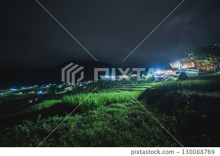 ecology travel night view with camping outdoor relax in rice field at chiangmai thailand in raining season ecology travel night view with camping outdoor relax in rice field at chiangmai thailand in raining season 130088769
