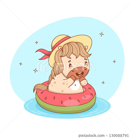 Cute Summer Lucky Horse In Hat Swimming On Inflatable Watermelon Ring In Sea. Funny Animal cartoon Pony kawaii beach character vacation. Vector illustration. Not AI 130088791