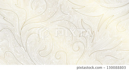 Vector golden art deco fancy leaves pattern, leaf floral luxury background, nouveau jungle elegant nature wallpaper. Garden botanical decor graphic. 130088803