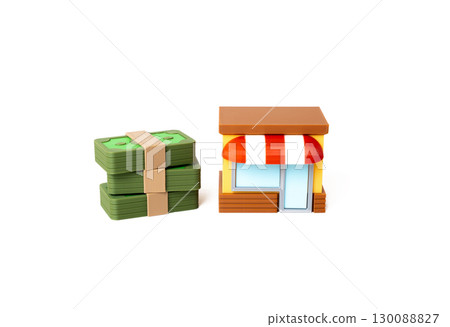 Business store and stacks of money. Profit from business. Invest in the store. Retail growth, entrepreneurship, cash flow, commercial success Business store and stacks of money. Profit from business. Invest in the store. Retail growth, entrepreneurship, cash flow, commercial success 130088827