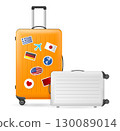 Realistic Detailed 3d Travel Suitcase with and without Sticker Flags Set. Vector 130089014