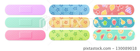 Realistic Detailed 3d Colored Kid Aid Band Plaster Medical Patch Set with Print. Vector 130089018