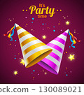 Party Time Poster Banner Card Template with Striped Cone Hats. Vector 130089021