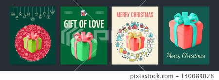 Merry Christmas with Gift Box Poster Banner Card Set Design Template Thin Line Icon. Vector Merry Christmas with Gift Box Poster Banner Card Set Design Template Thin Line Icon. Vector 130089028