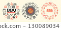 Bbq Party Round Design Template Thin Line Icon Banner Set. Vector 130089034