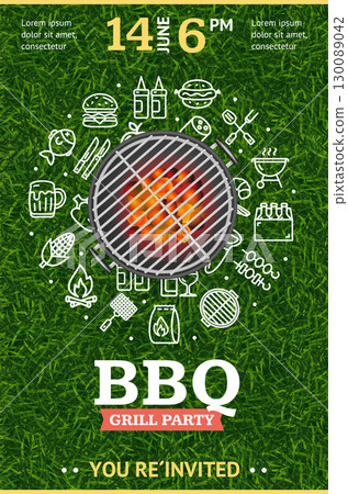 Bbq Party Invitation Concept with Barbecue Grill on Vibrant Green Grass. Vector 130089042