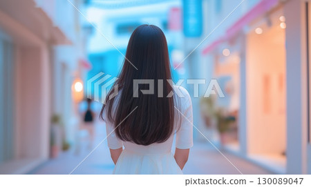 Portrait of a beautiful woman walking in a shopping street 130089047