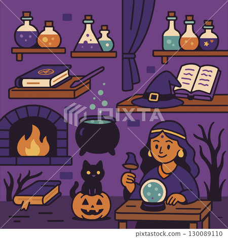Witch crystal ball potion spell book cauldron black cat pumpkin fireplace magic Witch crystal ball potion spell book cauldron black cat pumpkin fireplace magic 130089110