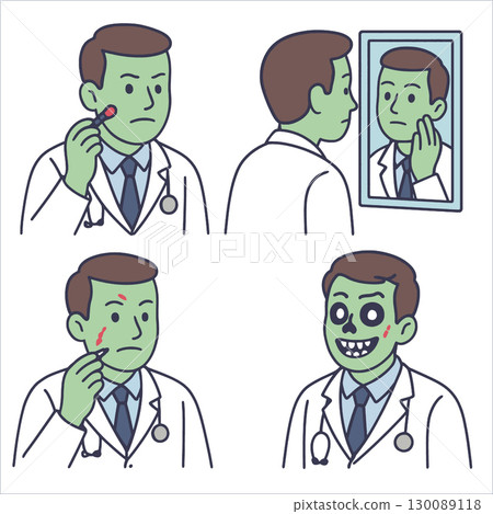 Doctor green skin mirror face cartoon transformation zombie illustration comic emotion 130089118
