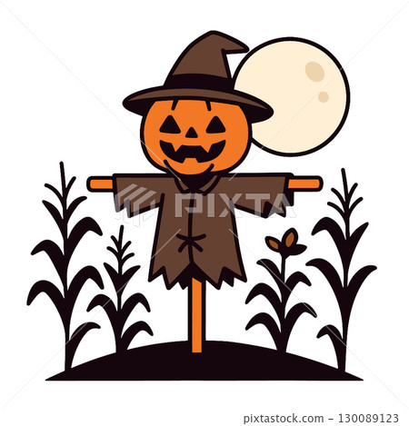 Coloring book coloring page featuring cheerful scarecrow with hat and moon in transparency style 130089123
