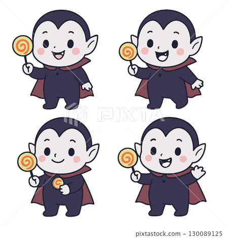 Coloring book coloring page featuring cute vampire holding lollipop with transparency background 130089125