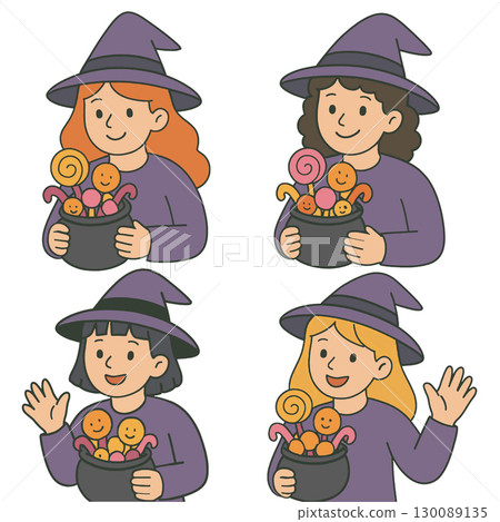 Coloring book coloring page features four cheerful witches holding cauldrons with candy 130089135