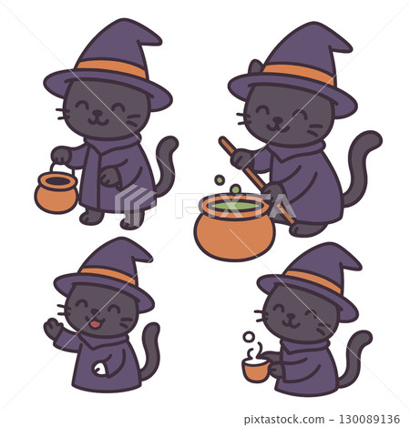 Coloring book coloring page transparency cute black cat witch costume magic 130089136