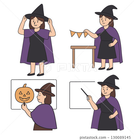 Coloring book page featuring girl in witch costume with transperency effect and festive mood Coloring book page featuring girl in witch costume with transperency effect and festive mood 130089145