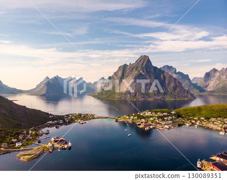 Fjord and mountains landscape. Lofoten islands Norway 130089351
