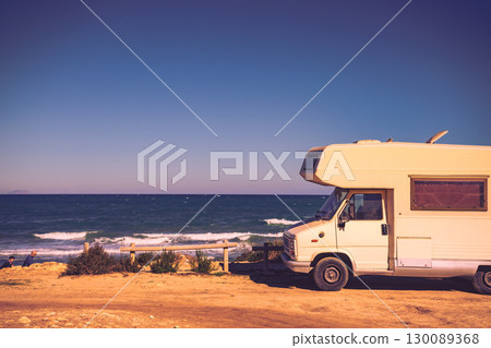 Camper car on beach, camping on nature 130089368