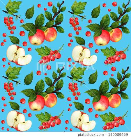 Red ripe apple and currant berries with lush green leaves, watercolor seamless pattern on blue background. Bright berries and apples watercolor seamless pattern for design of textile, juice, jam Red ripe apple and currant berries with lush green leaves, watercolor seamless pattern on blue background. Bright berries and apples watercolor seamless pattern for design of textile, juice, jam 130089469