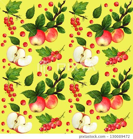Red ripe apple and currant berries with lush green leaves, watercolor seamless pattern on yellow background. Bright berries and apples watercolor seamless pattern for design of textile, juice, jam 130089472