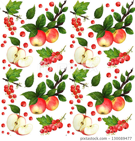 Red ripe apple and currant berries with lush green leaves, watercolor seamless pattern on white background. Bright berries and apples watercolor seamless pattern for design of textile, juice, jam 130089477