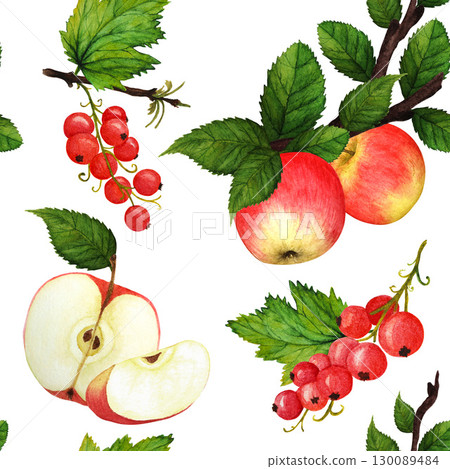 Red ripe apple and currant berries with lush green leaves, watercolor seamless pattern on white background. Bright berries and apples watercolor seamless pattern for design of textile, juice, jam Red ripe apple and currant berries with lush green leaves, watercolor seamless pattern on white background. Bright berries and apples watercolor seamless pattern for design of textile, juice, jam 130089484