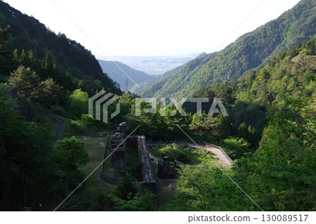 Besshi Copper Mine, Niihama City, Ehime Prefecture. View of the cableway base, ore storage facility, and the city. 130089517