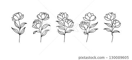 Elegant line art illustration of blooming flowers showcasing natural beauty and grace in a minimalist style 130089605