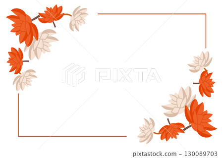 Minimal floral frame with red and beige lotus flowers in corner composition 130089703