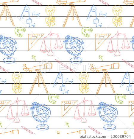 Seamless pattern of school science doodles including globe, scales, telescope and formulas Seamless pattern of school science doodles including globe, scales, telescope and formulas 130089704