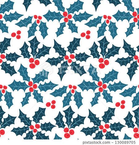 Seamless pattern of holly leaves and red berries in festive arrangement Seamless pattern of holly leaves and red berries in festive arrangement 130089705