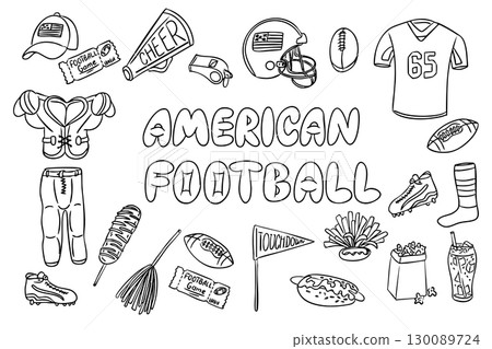 Collection of hand drawn American football elements including gear, snacks, and fan items 130089724