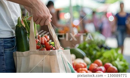 Reusable bag filled with greens at local market. Perfect for eco lifestyle or healthy eating tips. Adds lively, organic vibe to wellness pages. Reusable bag filled with greens at local market. Perfect for eco lifestyle or healthy eating tips. Adds lively, organic vibe to wellness pages. 130089771