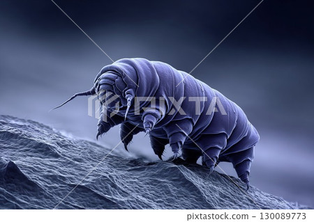 Tiny water bear highlights science and education themes. Tardigrade under microscope shows detailed structure. Ideal for biology or research visuals. 130089773