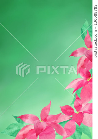 華麗的聖誕相框，綠色背景點綴著許多一品紅。浪漫的聖誕水彩畫。 130089785