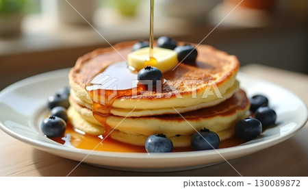 Morning Toast Photography with Melted Butter Syrup and Fresh Fruits 130089872