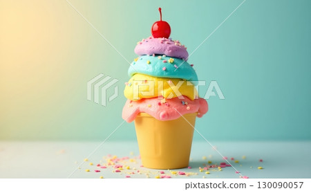 Playful Kids Concept of Rainbow Ice Cream Cone with Bright Colors 130090057