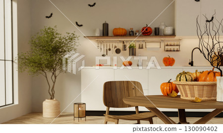 Autumn celebration with pumpkins on a rustic dining table in a vibrant kitchen. 3D render illustration Autumn celebration with pumpkins on a rustic dining table in a vibrant kitchen. 3D render illustration 130090402