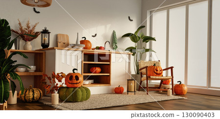 Autumn celebration featuring pumpkins and warm decor in a stylish kitchen. 3D render illustration 130090403