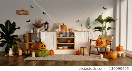 Autumn celebration with decorative pumpkins and cozy ambiance in an elegant kitchen. 3D render illustration 130090405
